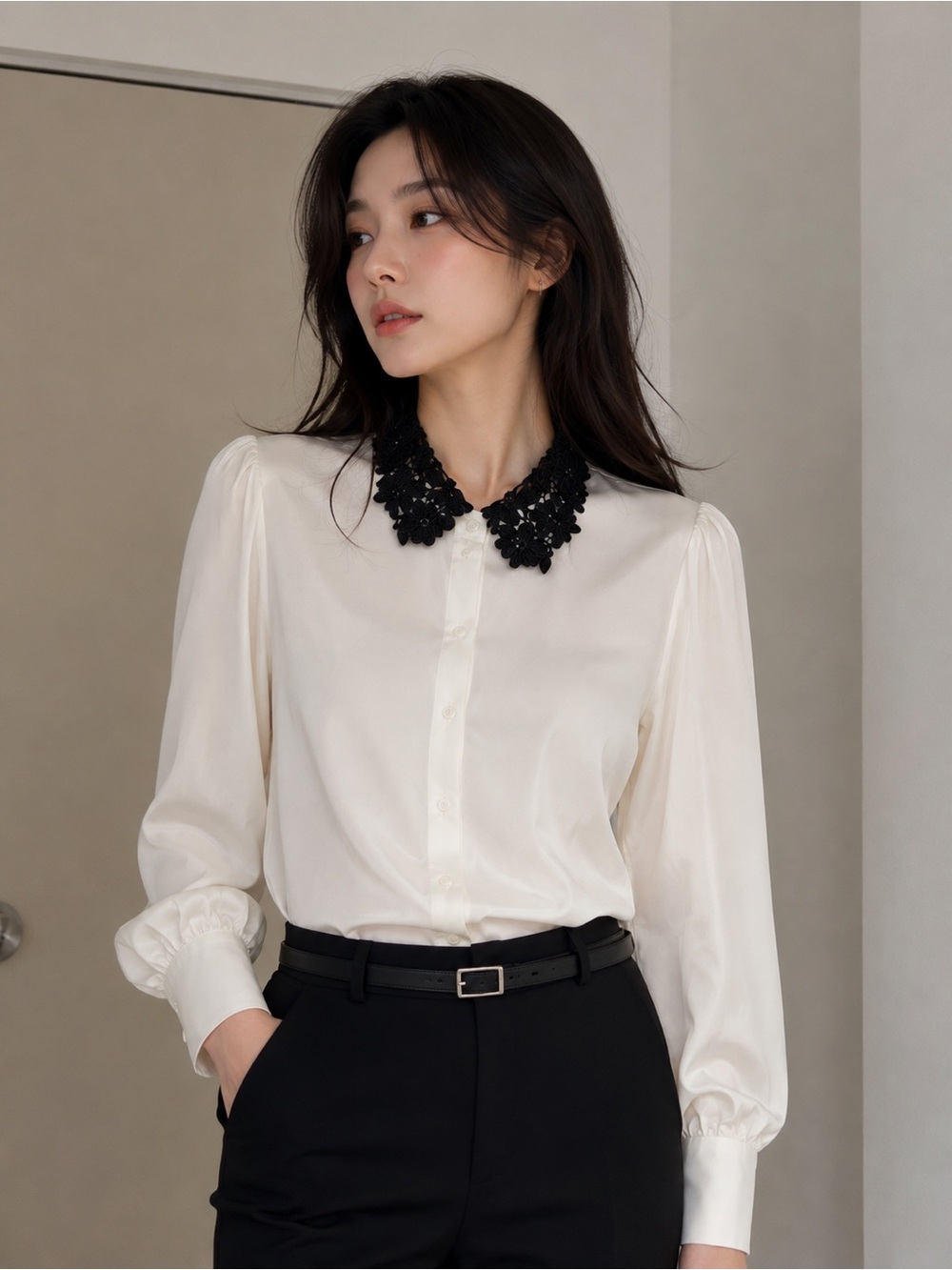 NWOT White Blouse with Black Lace Collar and Bubble Sleeves-MOVIE SET TOP